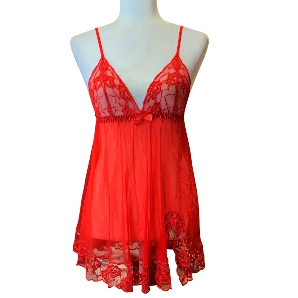 Frederick's of Hollywood Babydoll Women S Red Lace Mesh Lingerie Y2K Coquette